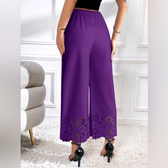 Women Elastic Waist Hollow Design Wide Leg Loose Pants - Picture 2 of 5
